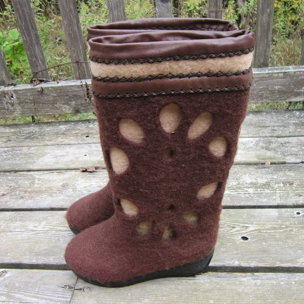 Women's Handmade Wool Boots Size 6.5/ 37 EU Latex-Free Brown Warm Boots Flower
